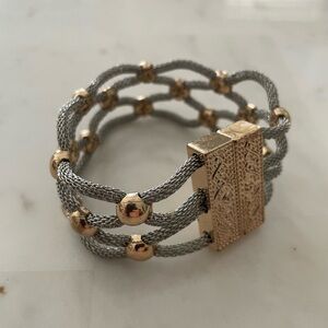 Mesh Lattice Bracelet Two Tone Metal Magnetic Clasp Wide Wrap Cuff 7"